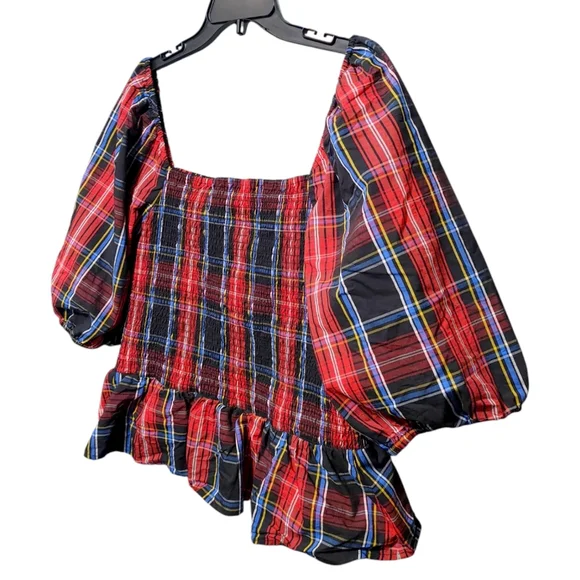 Draper James Red Plaid Smocked Peplum Poof Sleeve Top Womens Size Extra Large XL - Picture 3 of 9